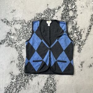 Vintage Talbots Sweater Womens Size Medium P Blue Grey Argle Vest Merino Wool
